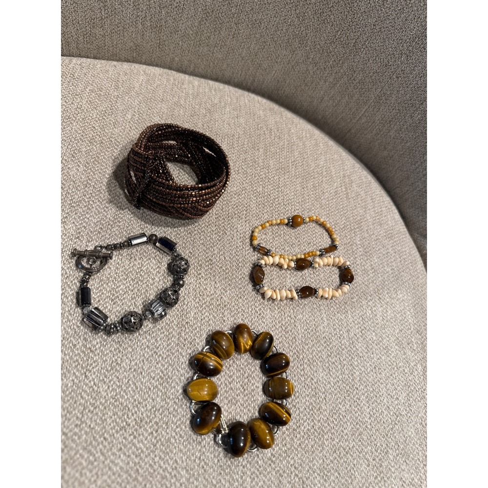 Vintage Bracelet 5pc Lot Tigers Eye Cabochon Beaded Boho Statement Multi Strand